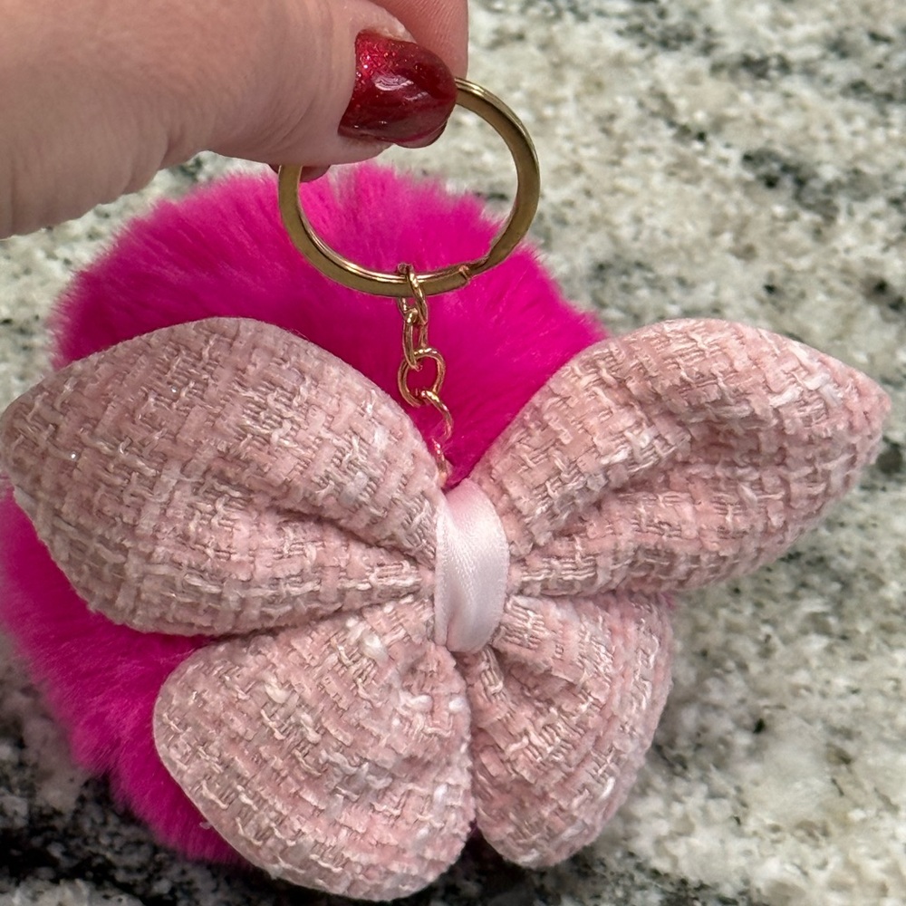 New Plushy Pink Bow Keychain with Pom Pom